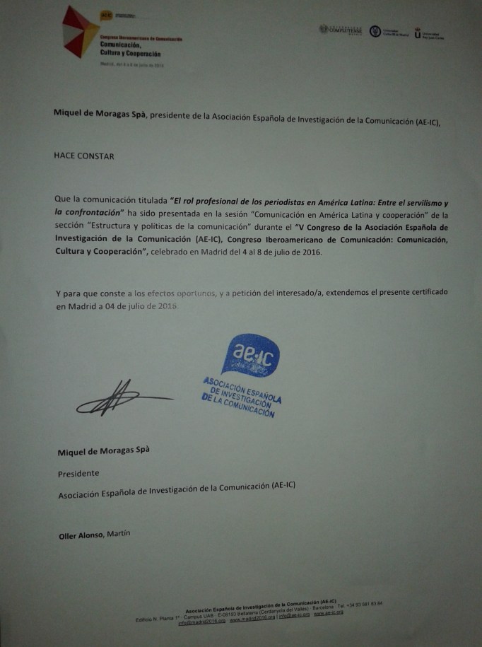 Certificado AE-IC Congreso 2016, Madrid