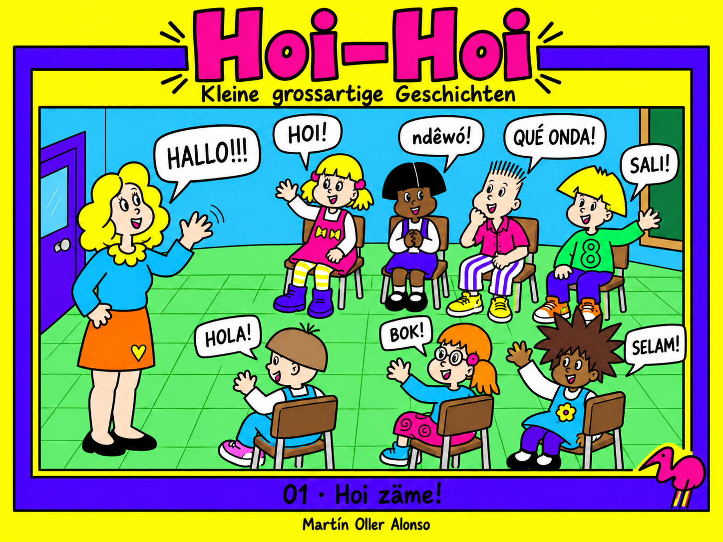 Hoi-Hoi, historia 01: Diego, sus amigos y la maestra se saludan en diferentes idiomas dentro del aula.