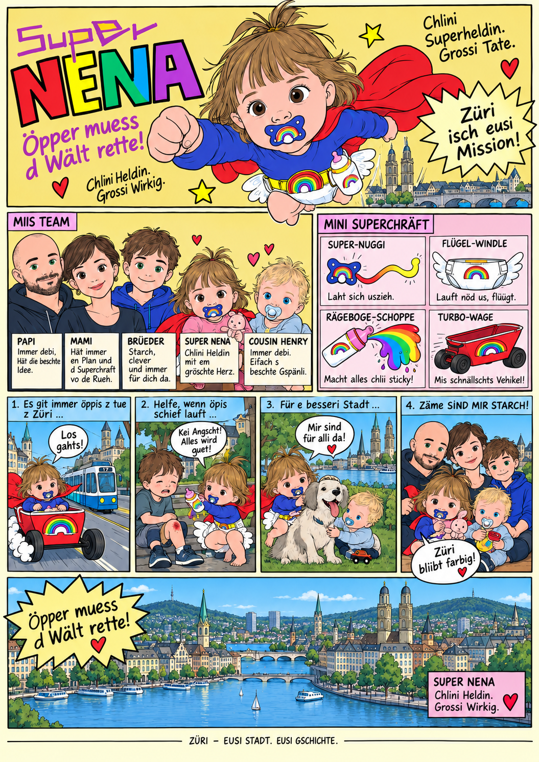 Super Nena: portada actual con la pequeña superheroína, su familia, el primo Henry y sus superpoderes en Zúrich.