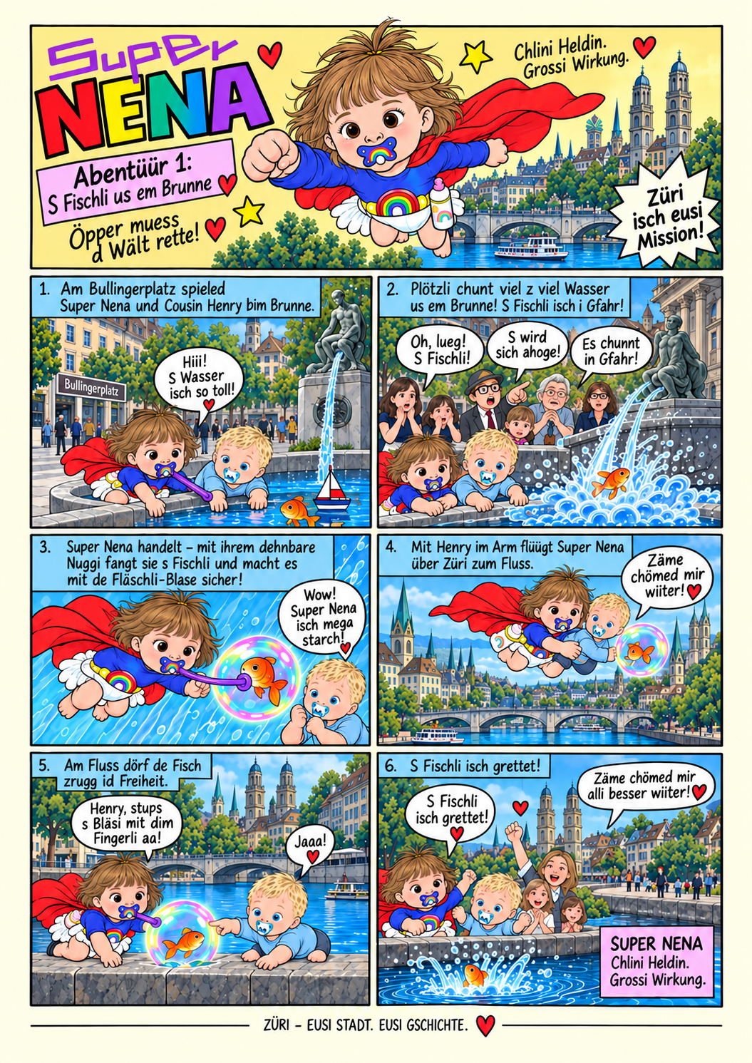 Super Nena, aventura 01: Super Nena y el primo Henry rescatan un pequeño pez de la fuente de Bullingerplatz y lo llevan al río en Zúrich.